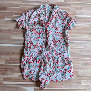 Anthropologie Strawberry Pajama Set XS Top S Shorts Pink Red Fruit Print PJ Set